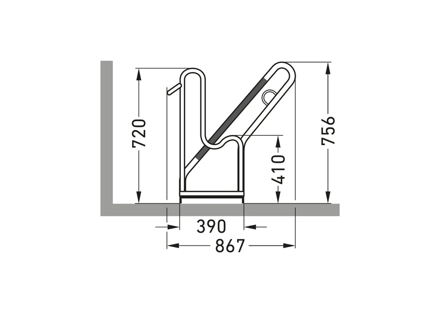 Seitenansicht einer Fahrradhalter Masszeichnung mit Abmessungen, Metallbau, Fahrradparksystem