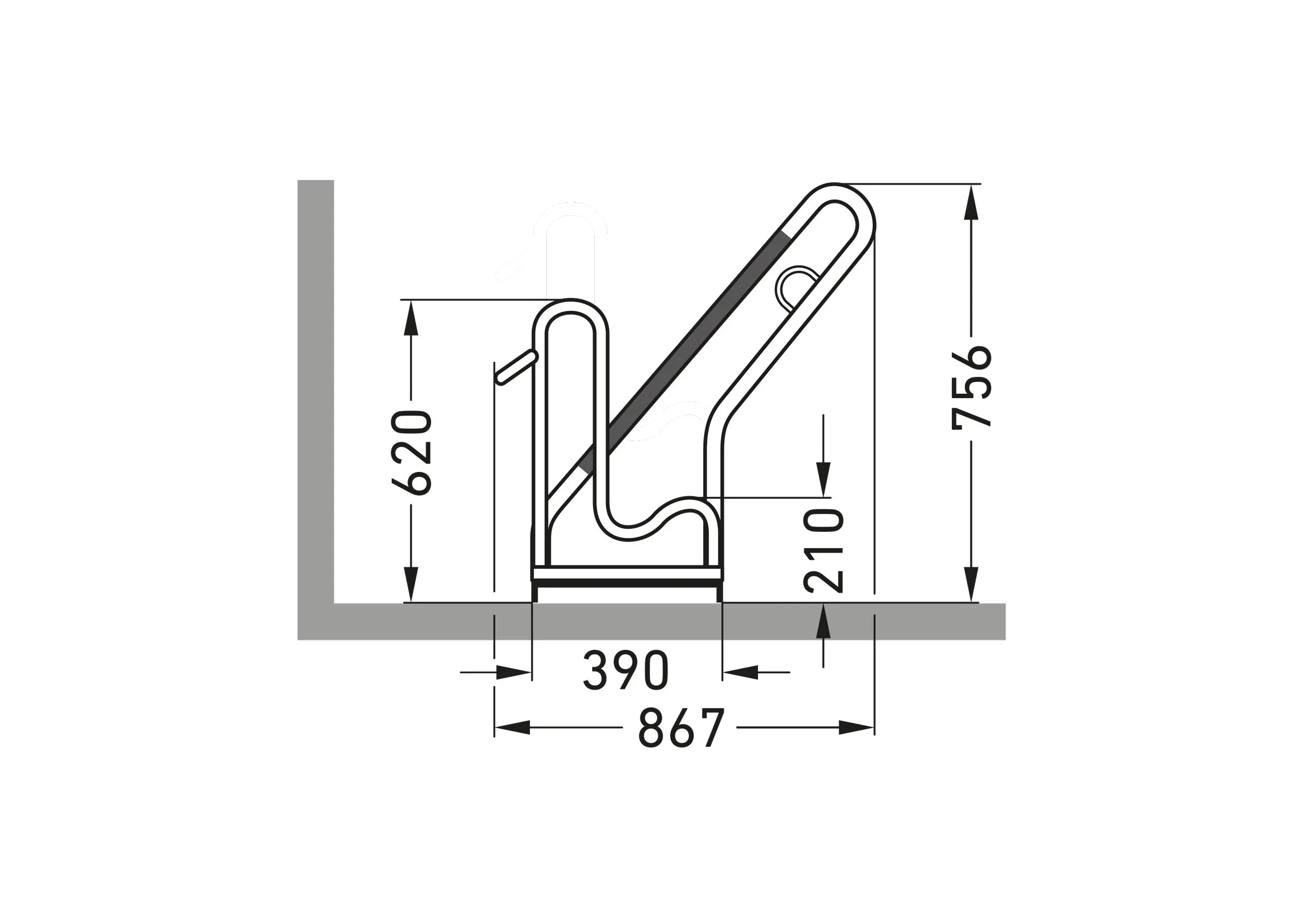 Seitenansicht Masszeichnung Fahrradparksystem mit Höhen- und Längenmaßen, Metallbau