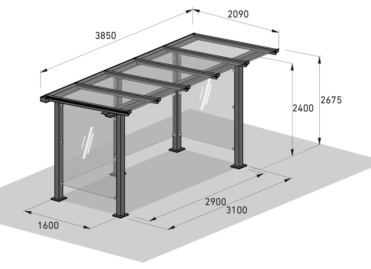 Maßzeichnung Überdachung Personenunterstand Passau P12 – isometrische Zeichnung mit Bemaßung, Grundmaß 385 x 209 cm, Durchgangshöhe 240 cm, Gesamthöhe 267,5 cm