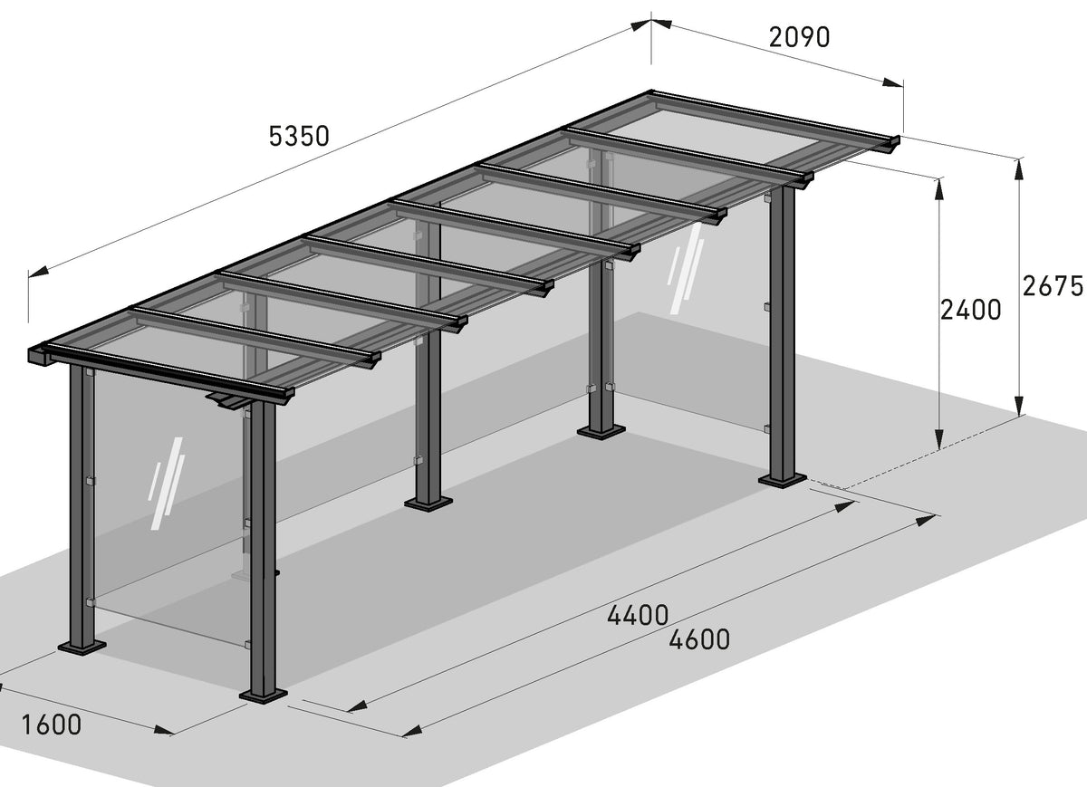 Maßzeichnung Raucherunterstand Personenunterstand Passau P13 – isometrische Zeichnung mit Bemaßung, Grundmaß 535 x 209 cm, Stahl feuerverzinkt