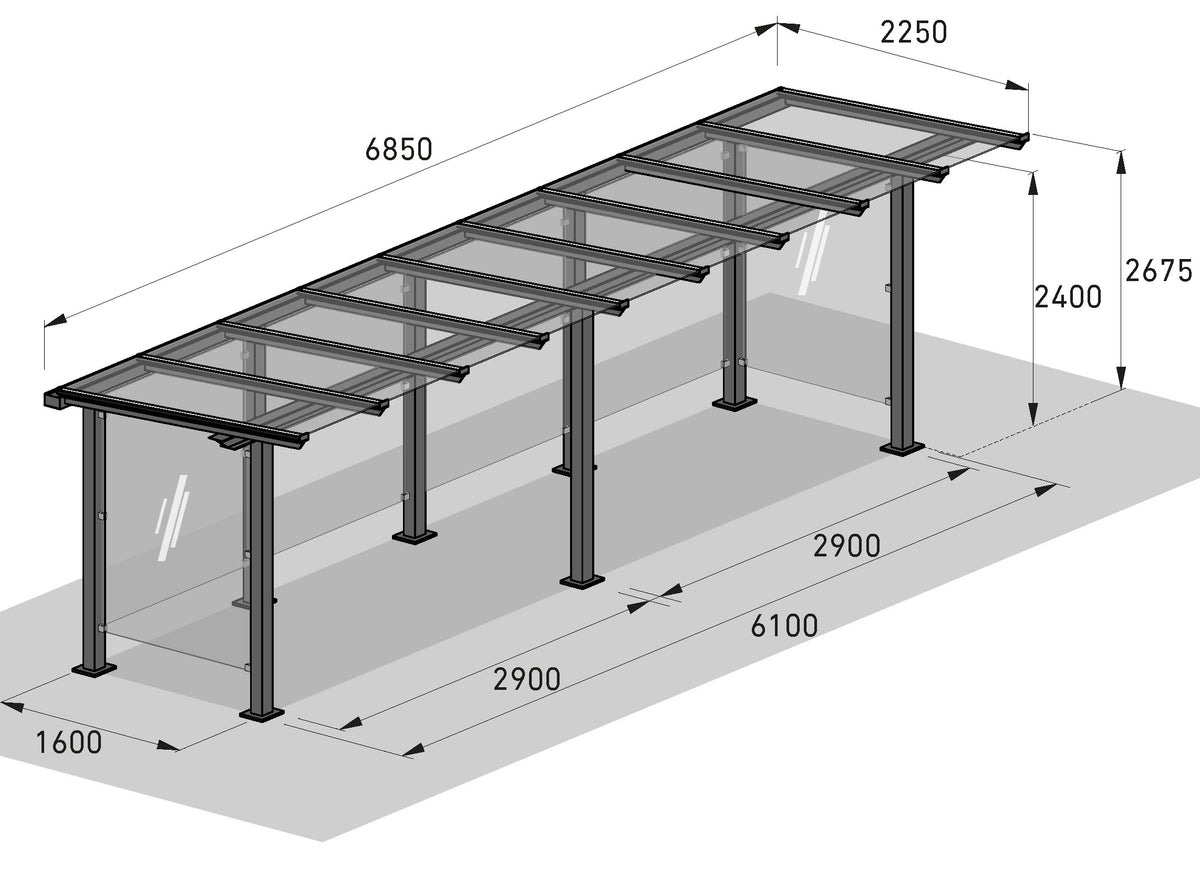 Maßzeichnung Raucherunterstand Personenunterstand Passau P14 B – isometrische Zeichnung mit Bemaßung, Grundmaß 685 x 225 cm, Stahl feuerverzinkt