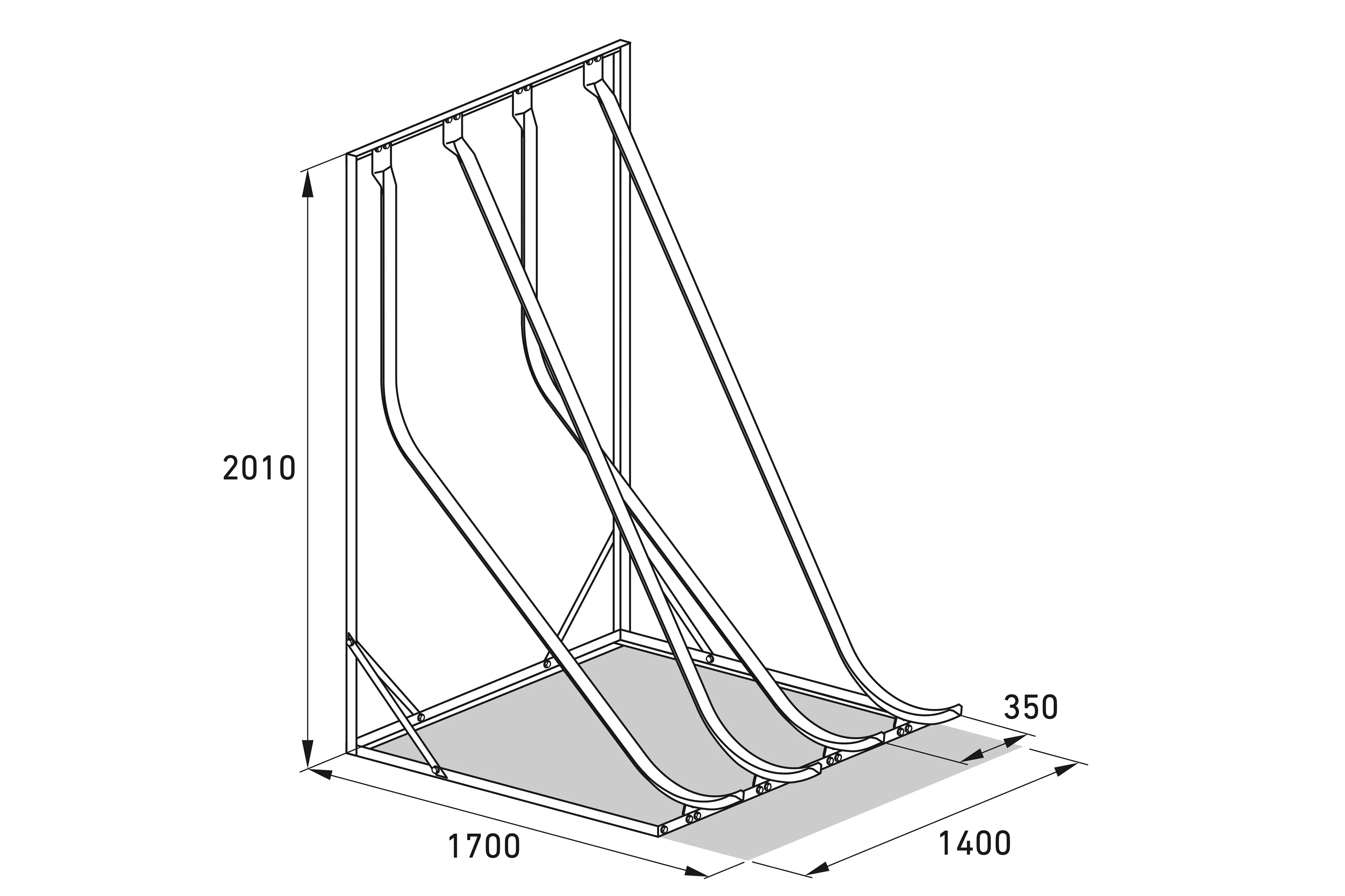 Isometrische technische Zeichnung von Fahrradparksystem aus Metall mit Maßen 2010x1700x1400mm