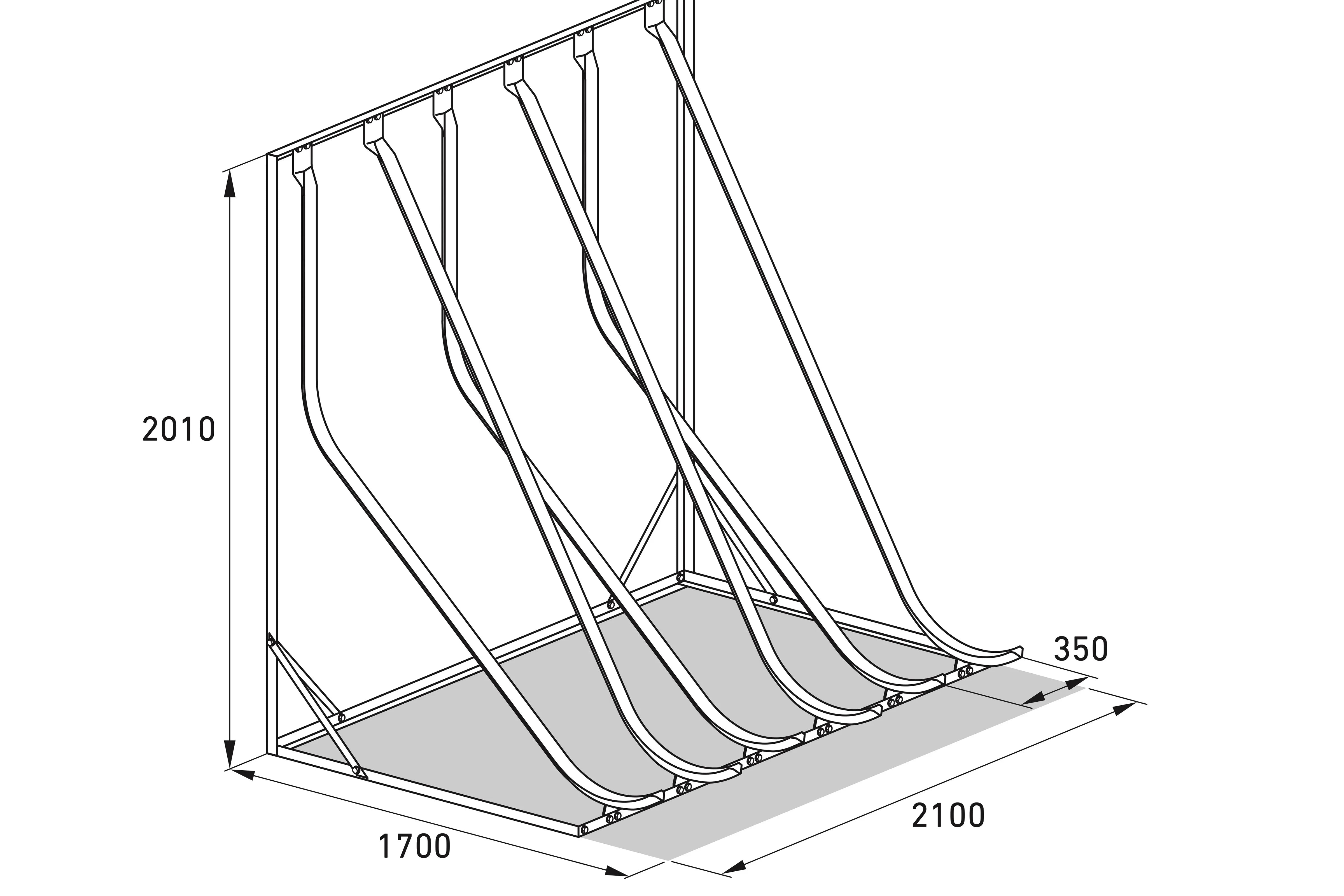 Isometrische Zeichnung Fahrradparksystem, Metall, Maße: 2010x2100x1700 mm, 6 Stellplätze