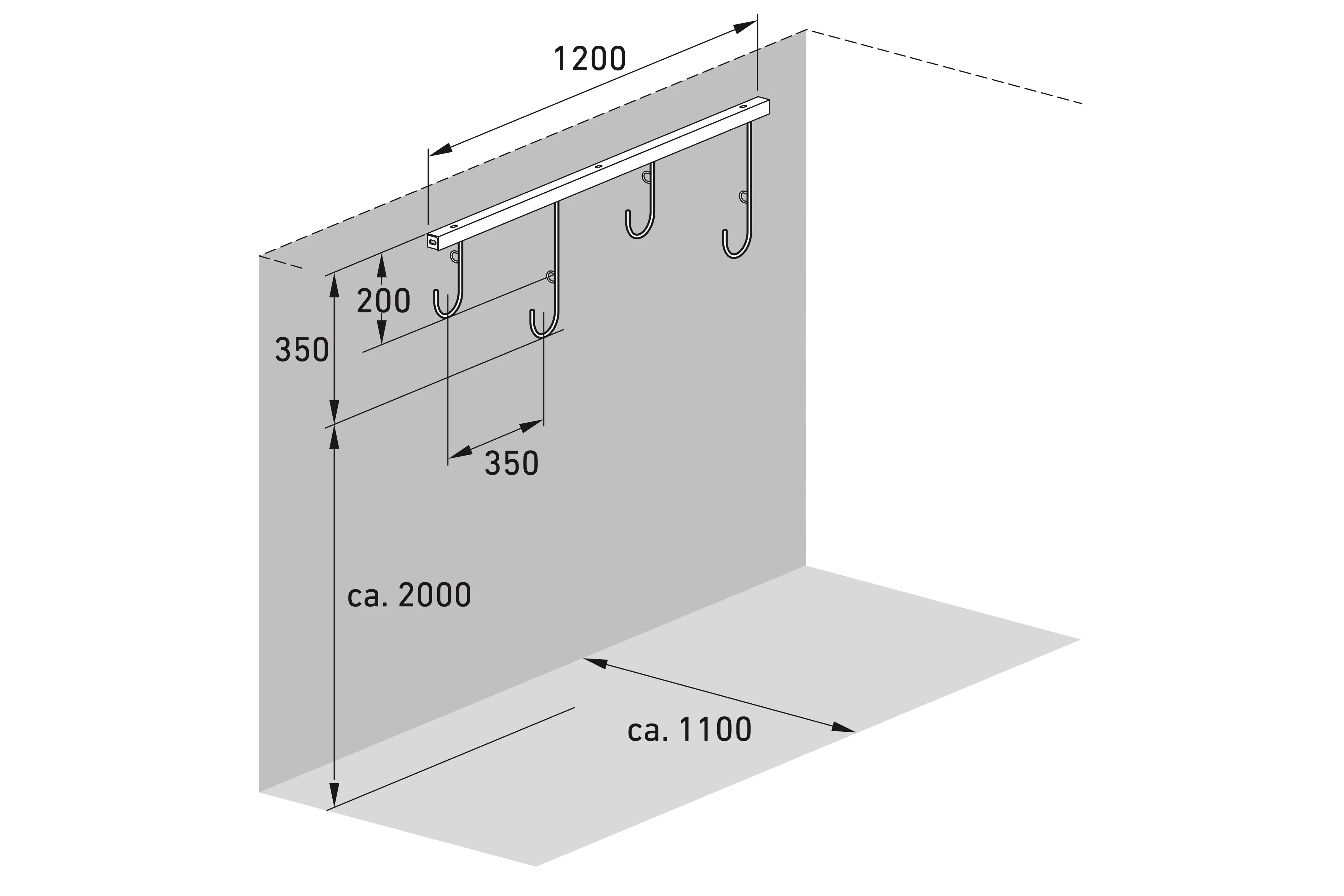 Isometrische technische Zeichnung Wand-Fahrradhalter mit Maßen, Metall, 3 Haken, 1200 mm breit