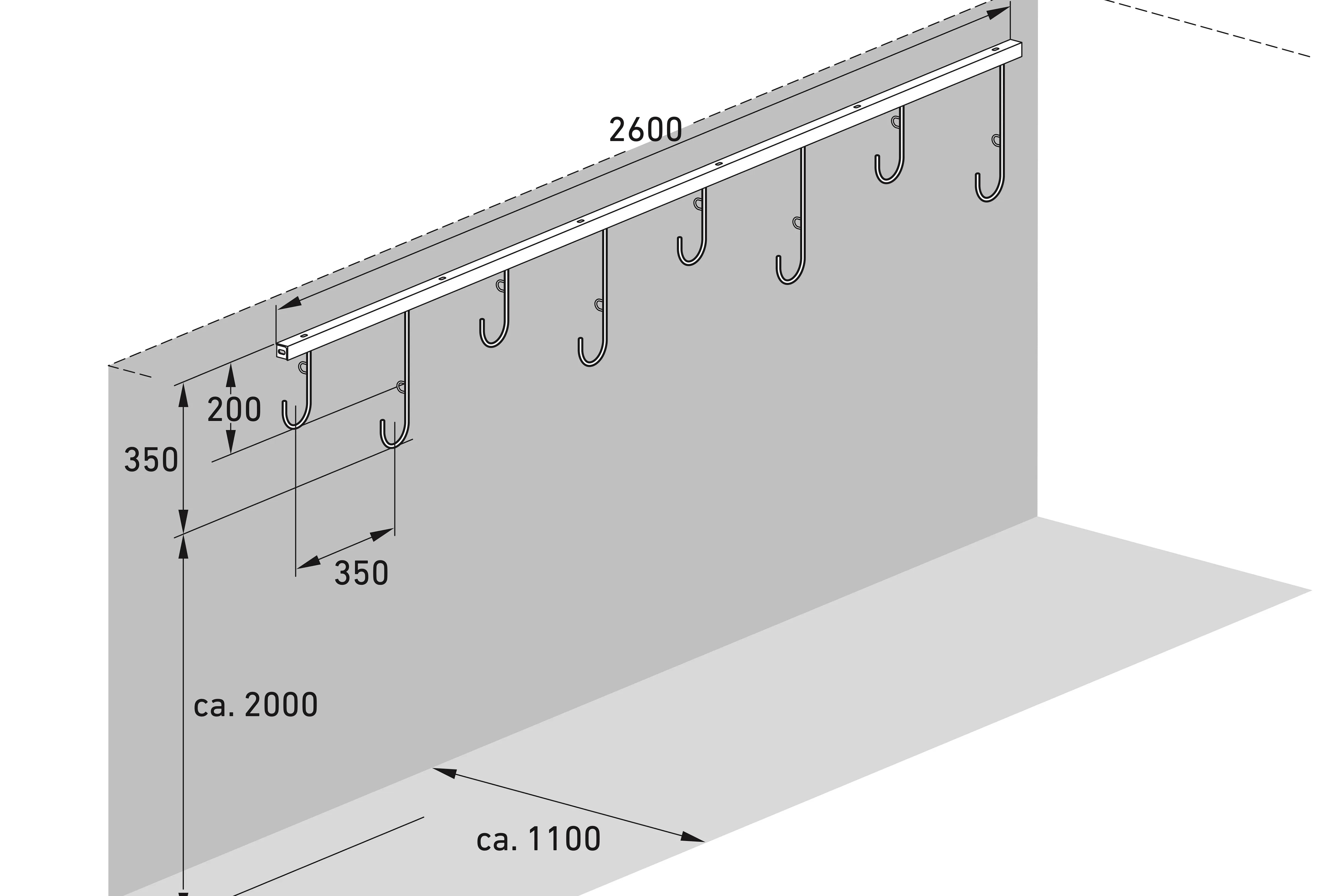 Isometrische Zeichnung eines Wand-Fahrradhalters mit Maßen, Metallhaken für Fahrradparksystem