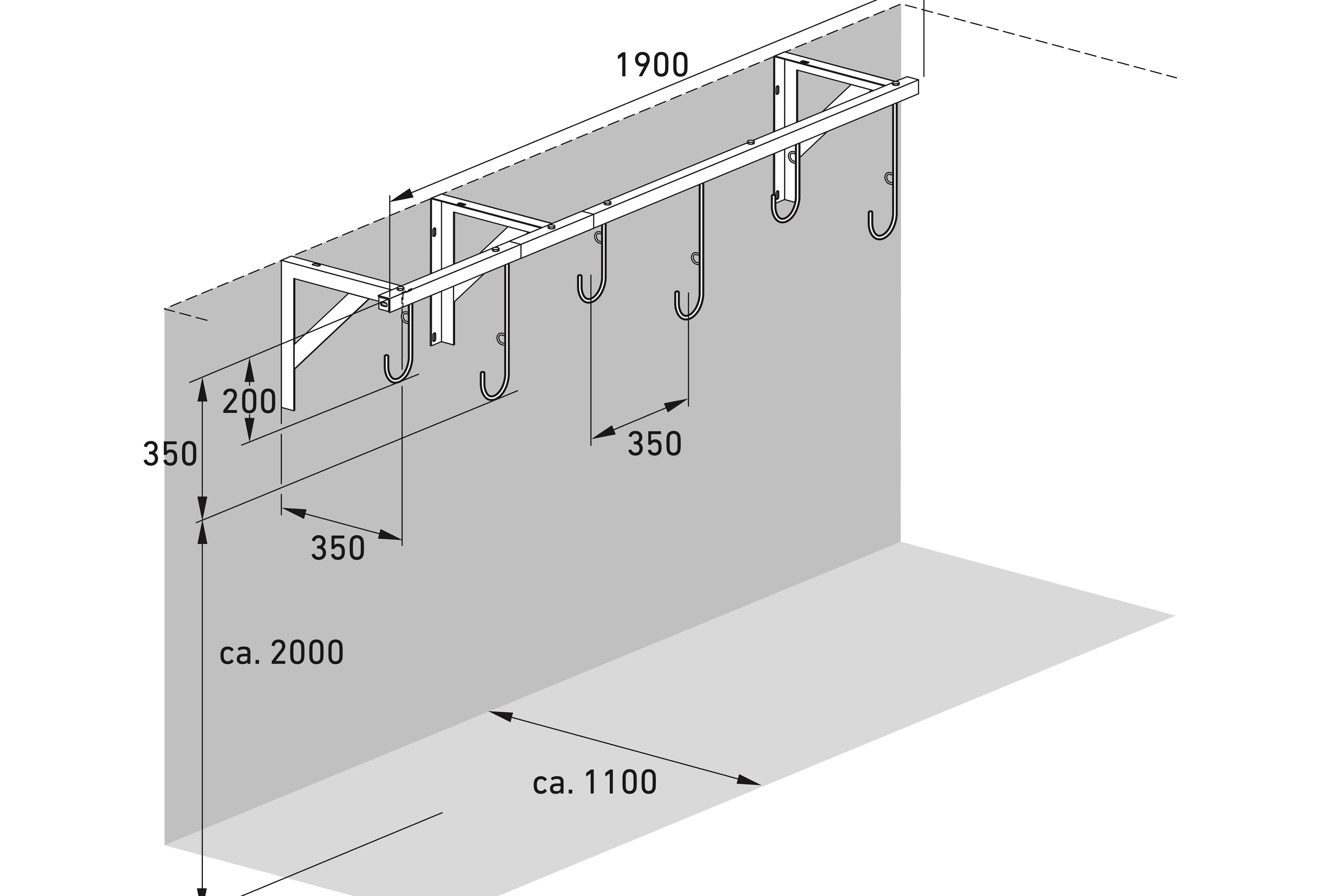Isometrische technische Zeichnung eines Wand-Fahrradhalters aus Metall mit Maßen, fünf Haken