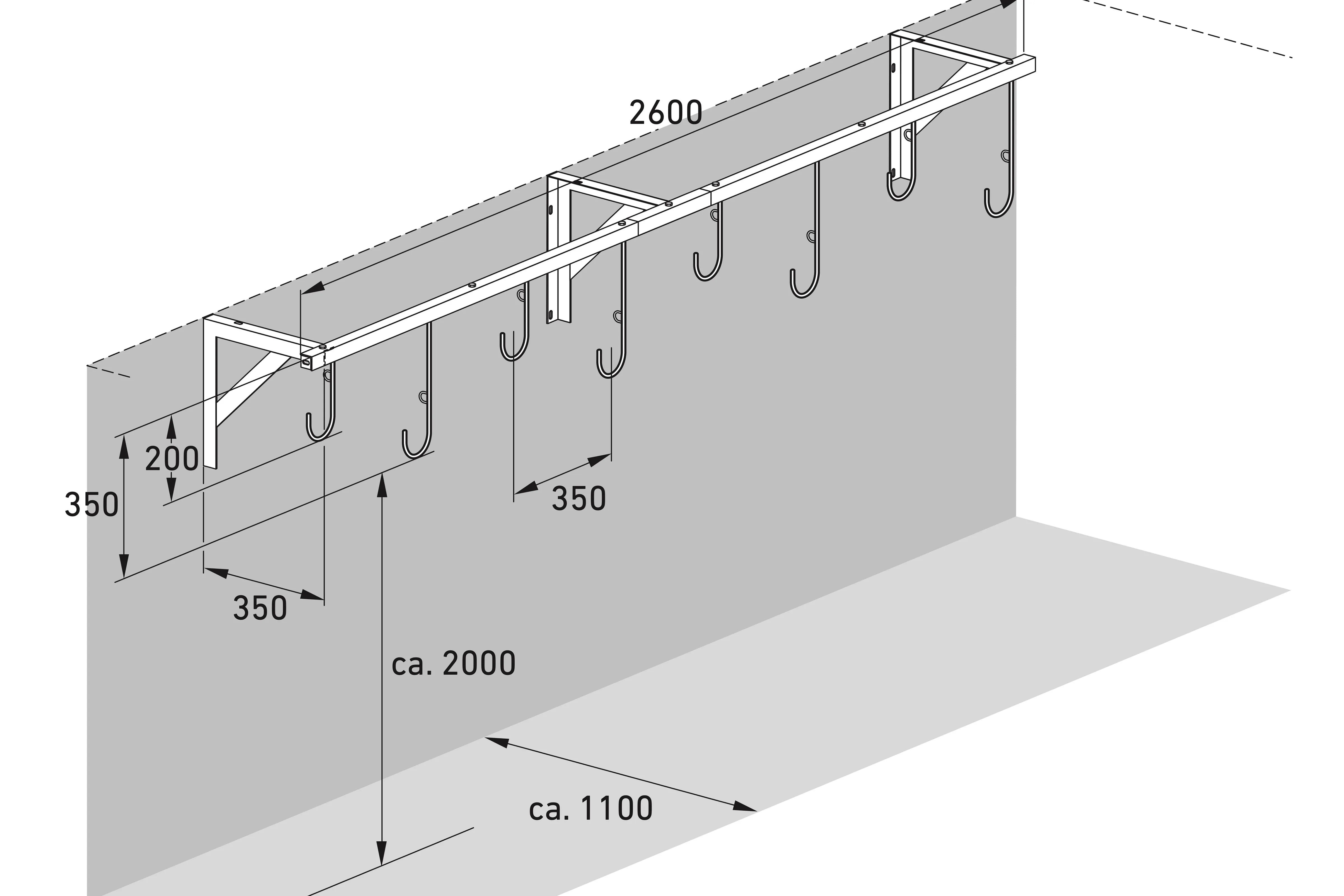 Isometrische Zeichnung Wand-Fahrradhalter Metall mit Maßen, sechs Haken, stabile Konstruktion