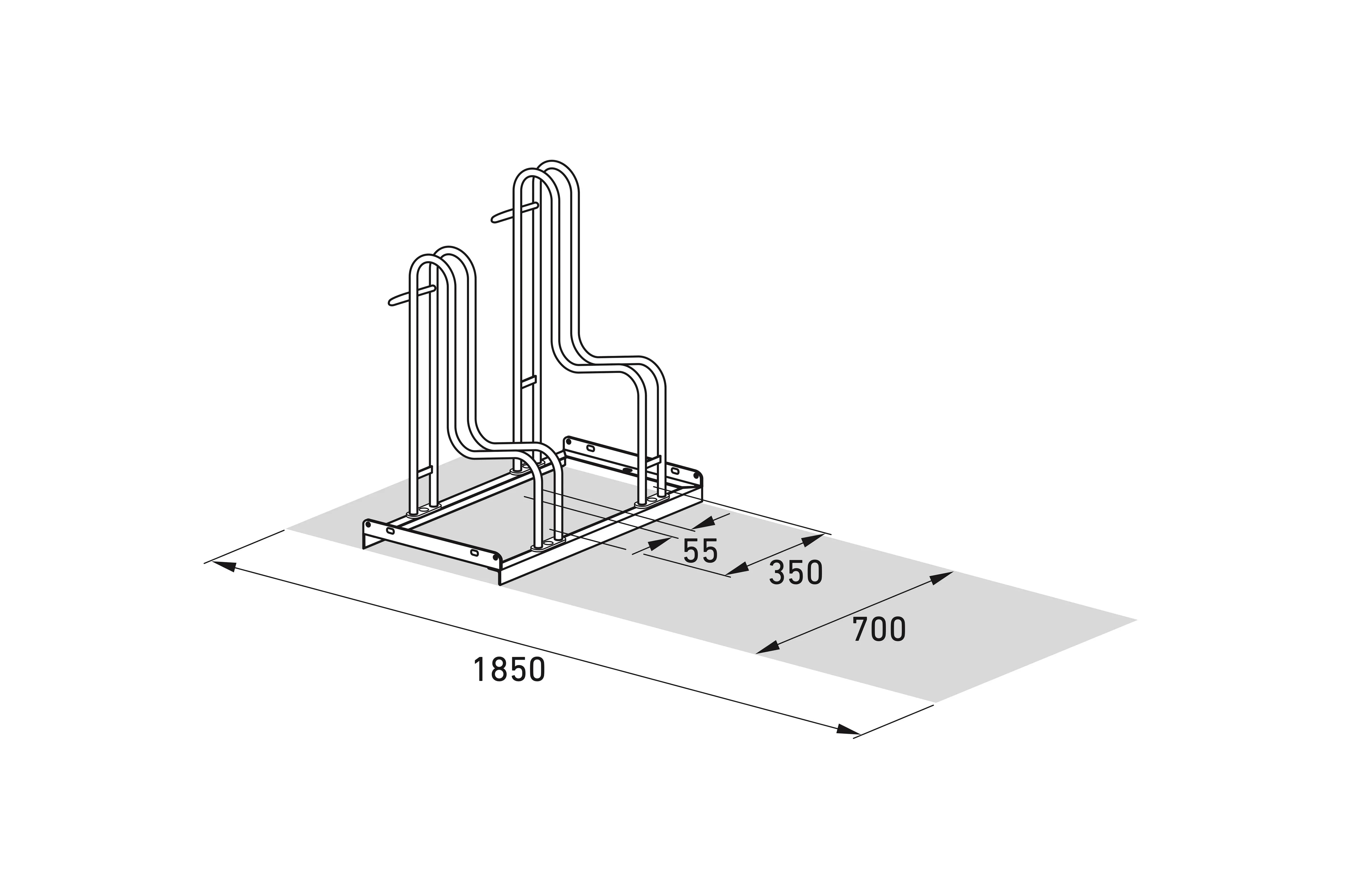 Isometrische Zeichnung eines Fahrradständers aus Metall mit Maßangaben, Abmessungen 1850x700 mm.