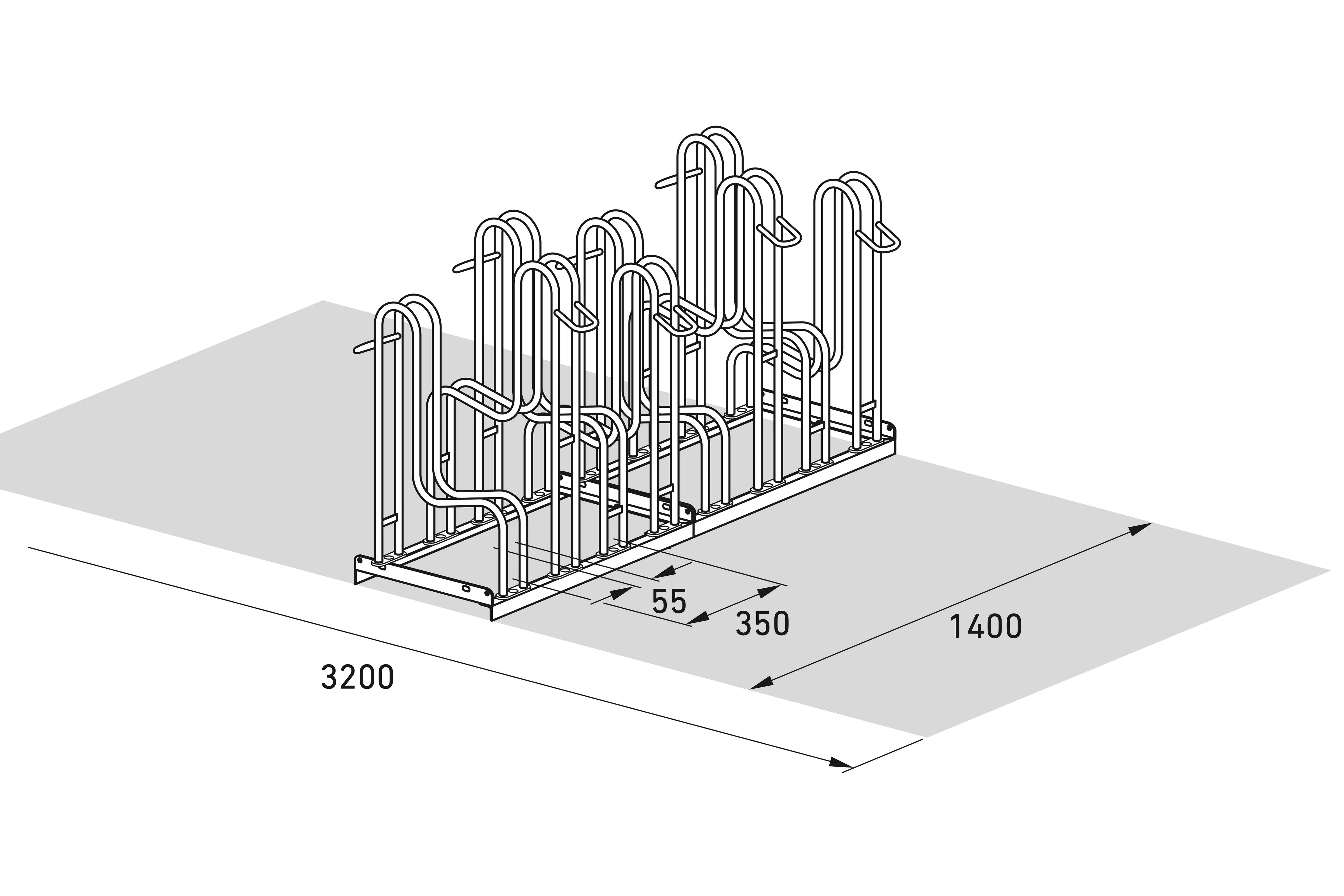 Isometrische Zeichnung Fahrradständer für 10 Fahrräder, Maße: 3200x1400 mm, Abstand 350 mm