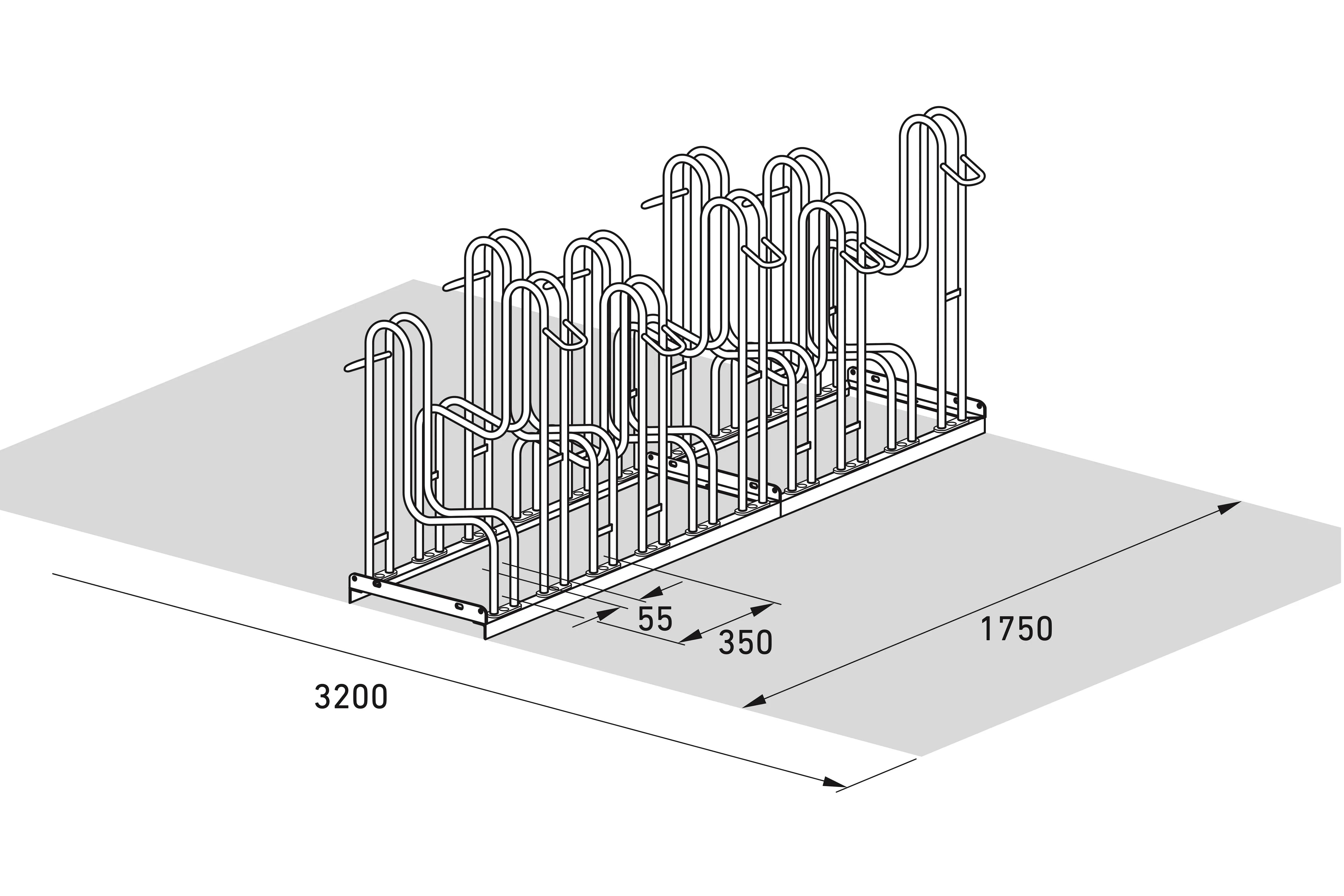Isometrische Zeichnung Fahrradständer aus Metall mit Maßangaben 3200 x 1750 mm