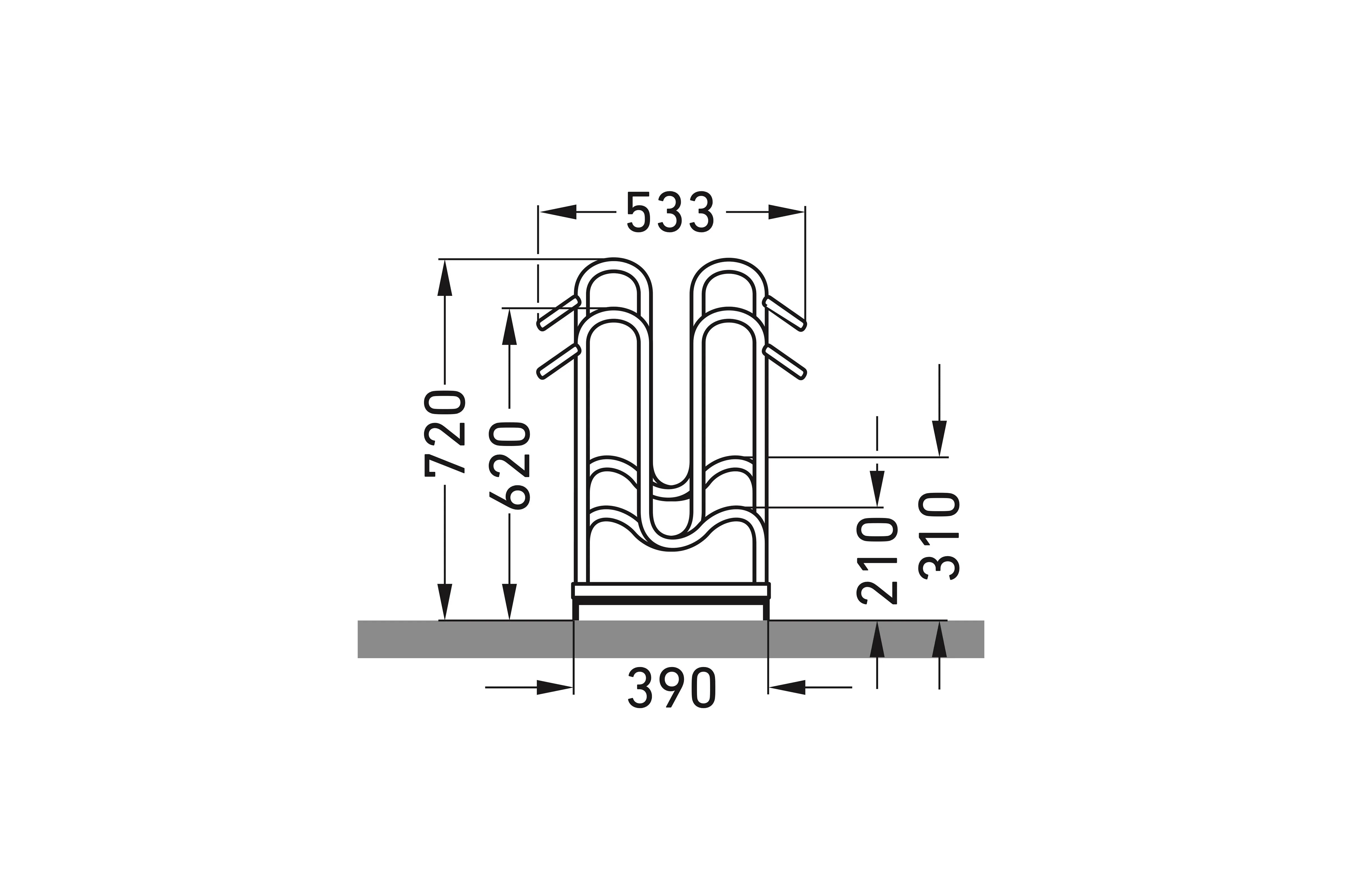Technische Zeichnung Fahrradparksystem zweiseitig, Maße 533x720x390 mm, Seitenansicht