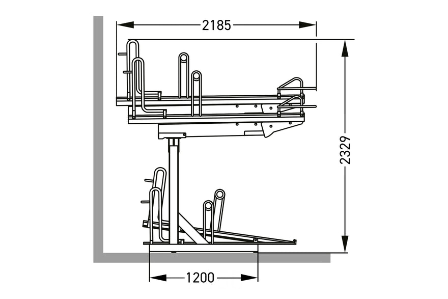 Maßzeichnung Fahrradparksystem Premium einseitig, Seitenansicht mit Abmessungen