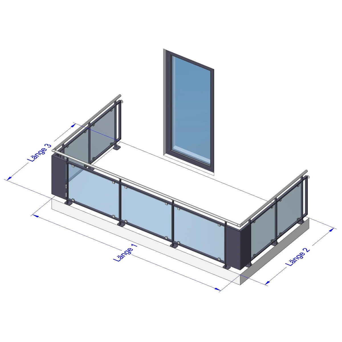 Glas Geländer Modell Vista, U-Form (I_I), aufgesetzt, mit Handlauf – Maßskizze Länge 1, 2 und 3