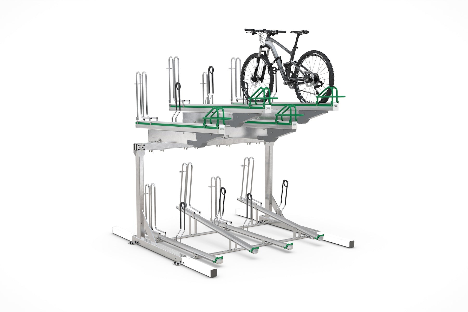 Zweistufiges Fahrradparksystem aus Metall mit grünem Halter, ein Fahrrad oben abgestellt