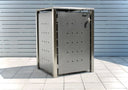 Mülltonnenbox 240L aus Edelstahl DB703, modern mit quadratischen Lüftungslöchern, auf Terrasse