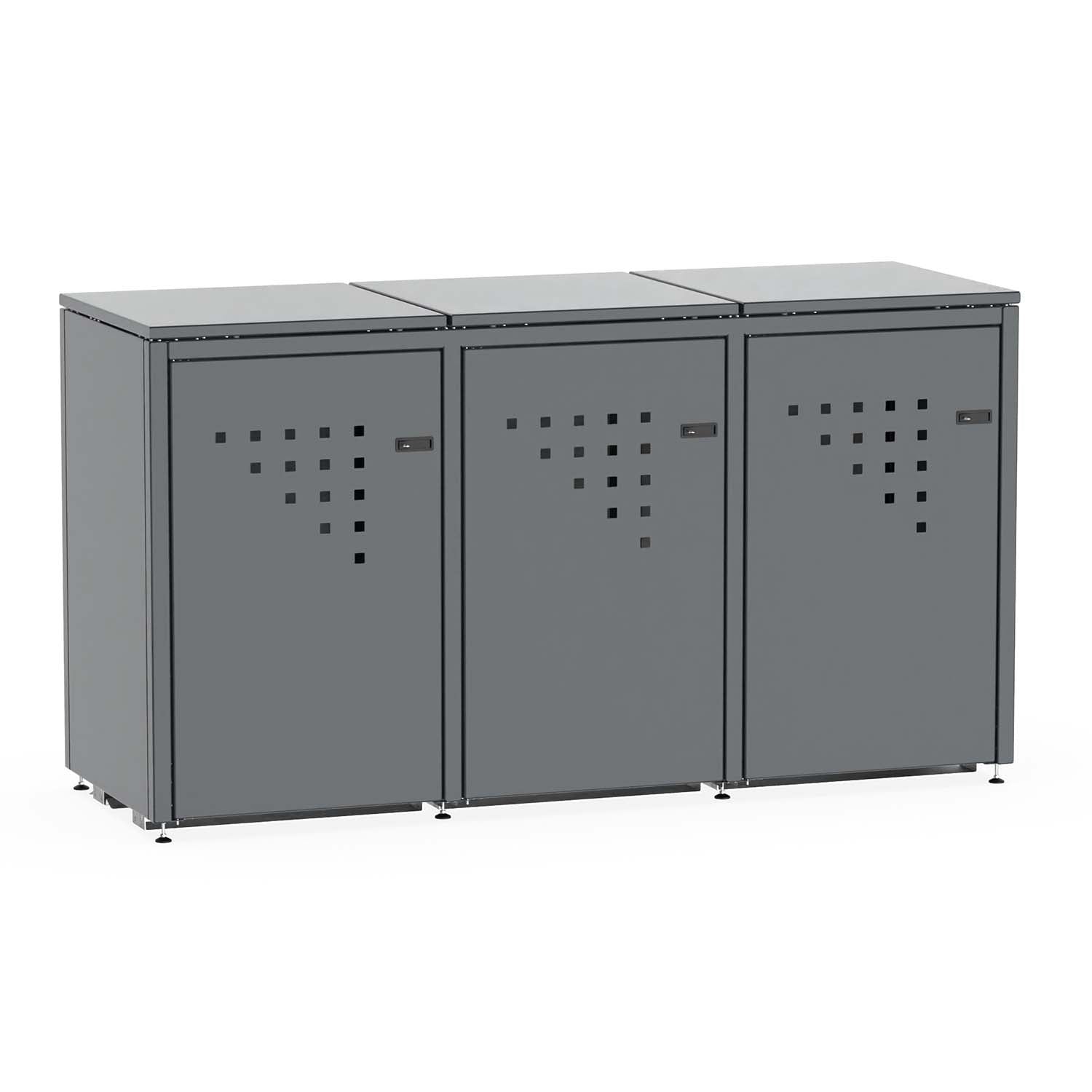 Mülltonnenbox BINBOX für 3 Mülltonnen in Anthrazitgrau (RAL 7016), Stahl farbbeschichtet, abschließbar mit 3 Flügeltüren – Bausatz, Made in Germany