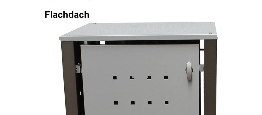 Mülltonnenbox aus Metall mit Flachdach, quadratischen Belüftungslöchern und Griff