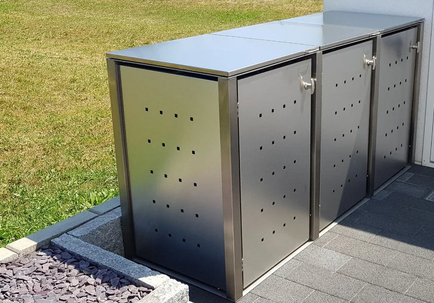Edelstahl Mülltonnenbox 3er für 120L und 240L Tonnen, modern, wetterfest, auf Terrasse