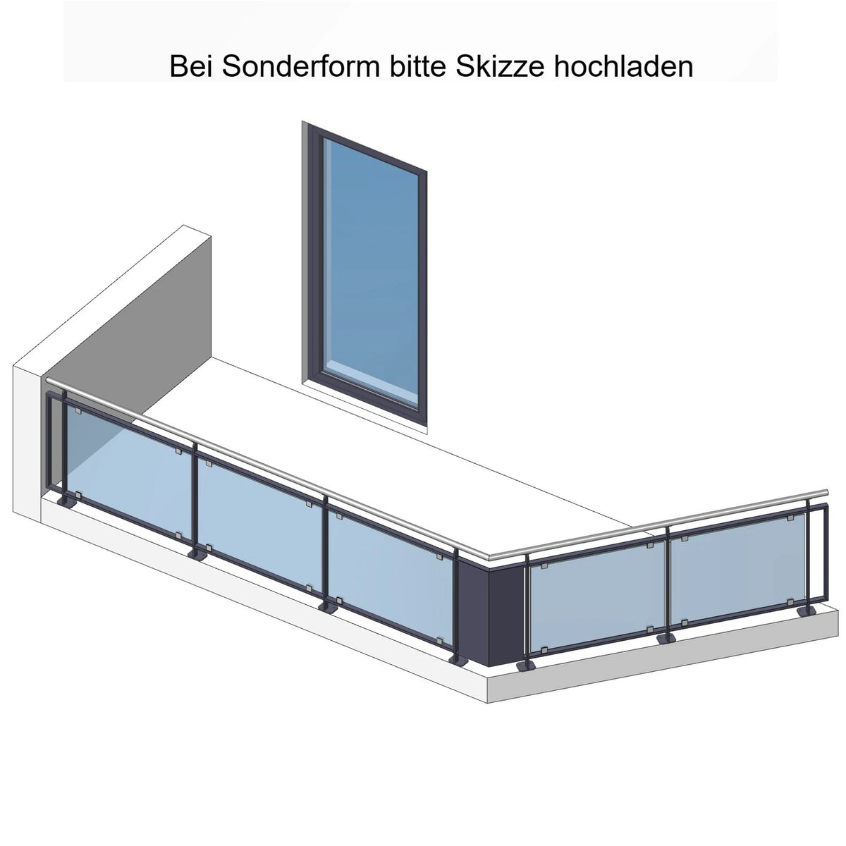 Glas Geländer Modell Vista, Sonderform, aufgesetzt, mit Handlauf – Maßskizze Gesamtlänge