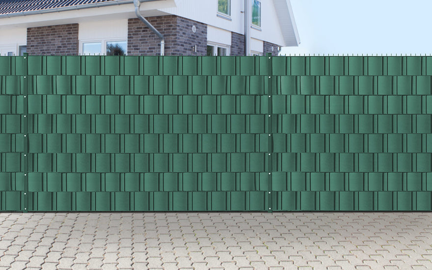 Doppelstabmattenzaun mit Sichtschutzstreifen polystripe in Moosgrün
