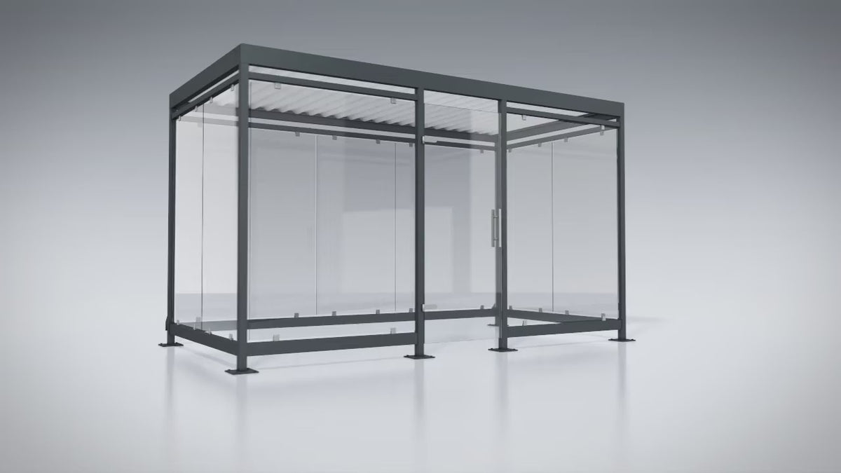 3D-Animation Raucherunterstand Köln aus Stahl mit Glaswänden – Ansichten mehrerer Modellgrößen und Konstruktionsdetails