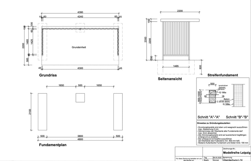 Technische Zeichnung einer Überdachung L14 mit Grundriss, Seitenansicht und Fundamentplan.