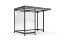 Raucherunterstand aus Metall und Glas, modern, freistehend, mit Flachdach.