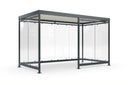 Raucherunterstand aus Metall mit Glaswänden und Flachdach, moderne Überdachung