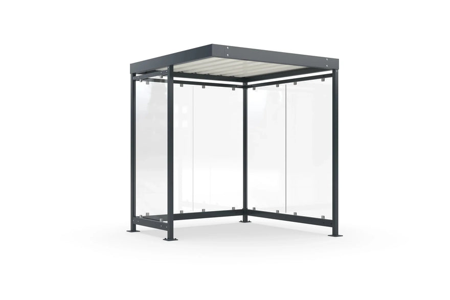 Raucherüberdachung Bausatz aus Metall mit Flachdach und Glaswänden, freistehend