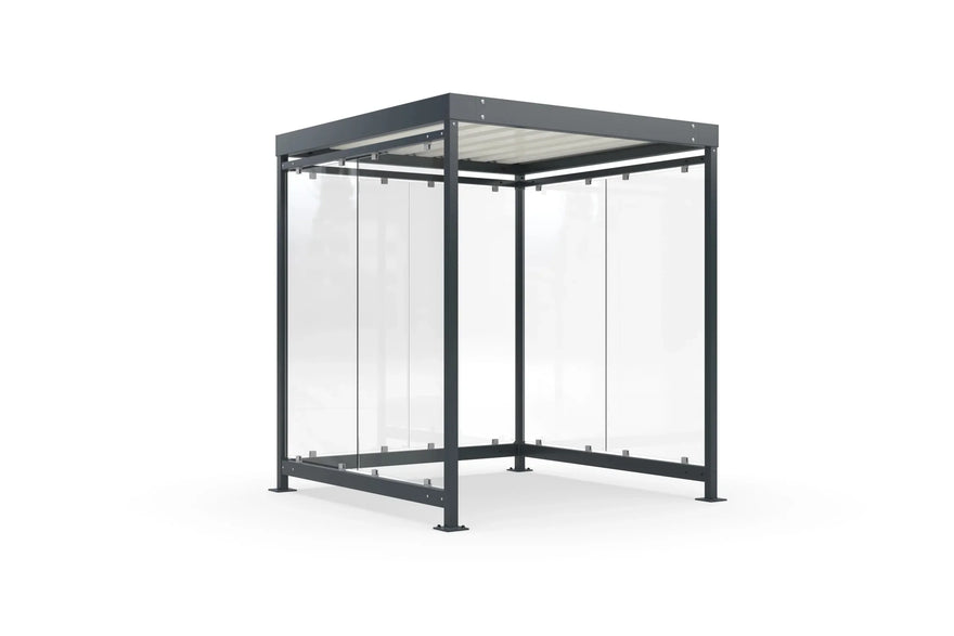 Raucherüberdachung Bausatz aus Metall mit Glaswänden, freistehend, modern, wetterschutz