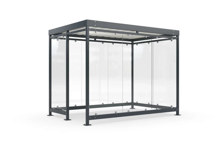 Moderne Raucherunterstand Bausatz mit Glaswänden und Metallrahmen für Außenbereich