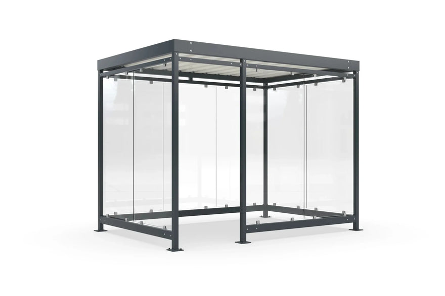 Moderne Raucherüberdachung Bausatz mit Glaswänden und Flachdach, freistehend