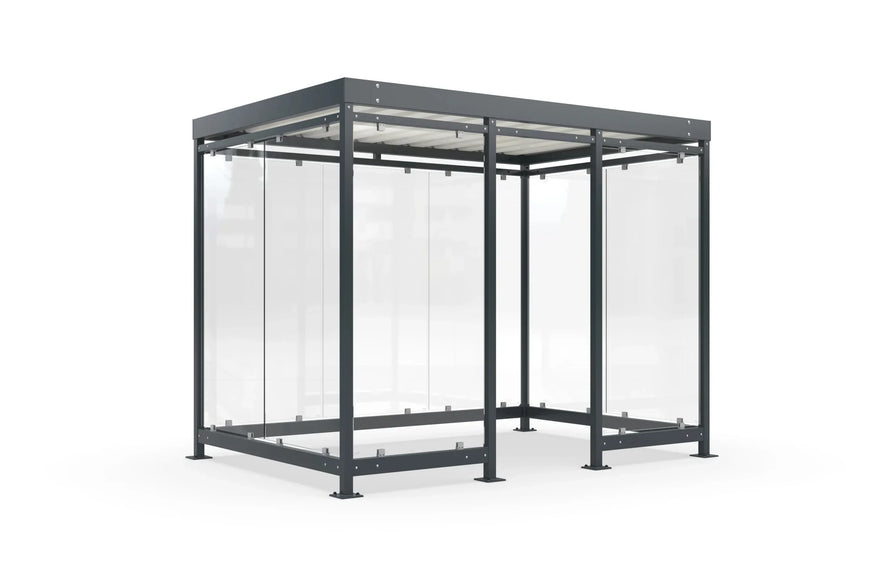 Raucherüberdachung Bausatz aus Metall mit Glaswänden, freistehend, modern