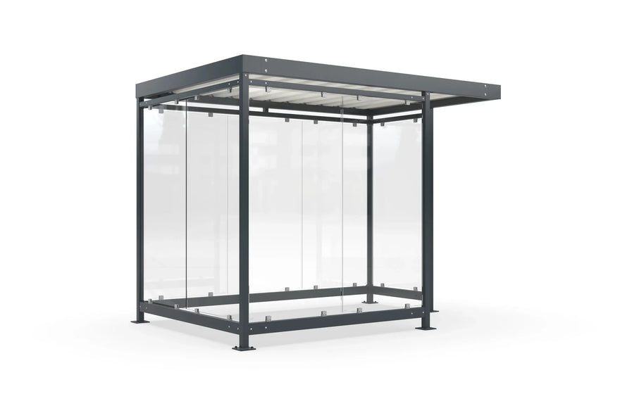 Raucherüberdachung Bausatz aus Metall mit Glaswänden und Flachdach, freistehend