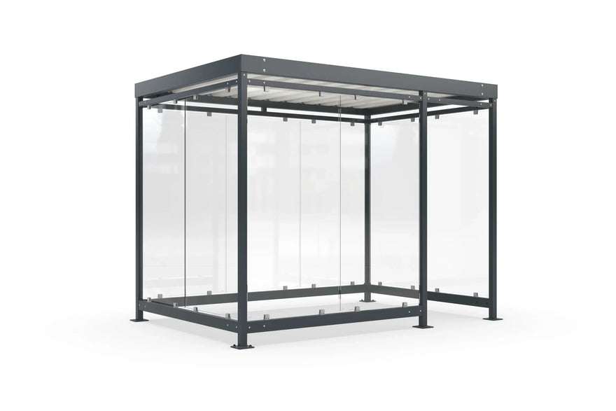 Raucherunterstand Bausatz aus Metall mit Glaswänden, quadratische Überdachung, modern