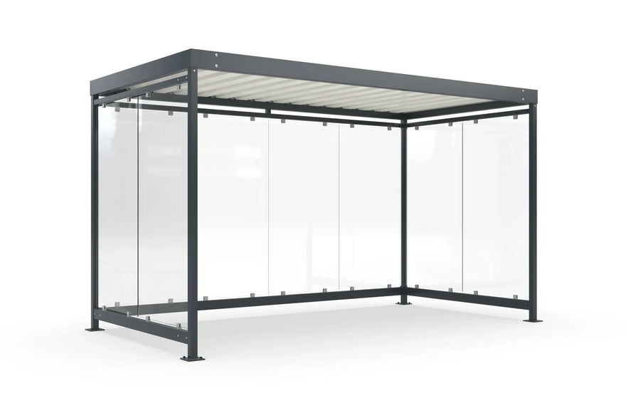 Raucherüberdachung Bausatz aus Metall mit Glaswänden, moderne Überdachung für Außenbereich