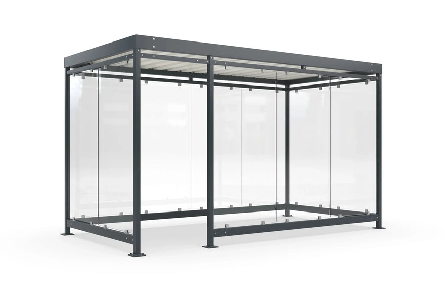 Raucherunterstand Bausatz aus Metall mit Flachdach und Glaswänden, freistehend