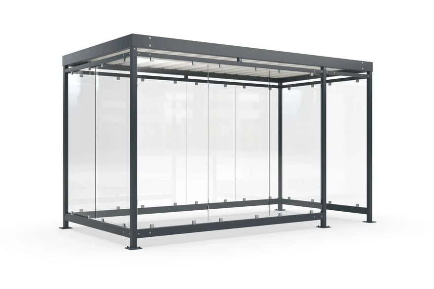 Raucherüberdachung Bausatz aus Metall und Glas mit Flachdach, freistehend