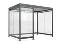 Moderner Raucherunterstand aus Metall mit Glaswänden, Überdachung, freistehend