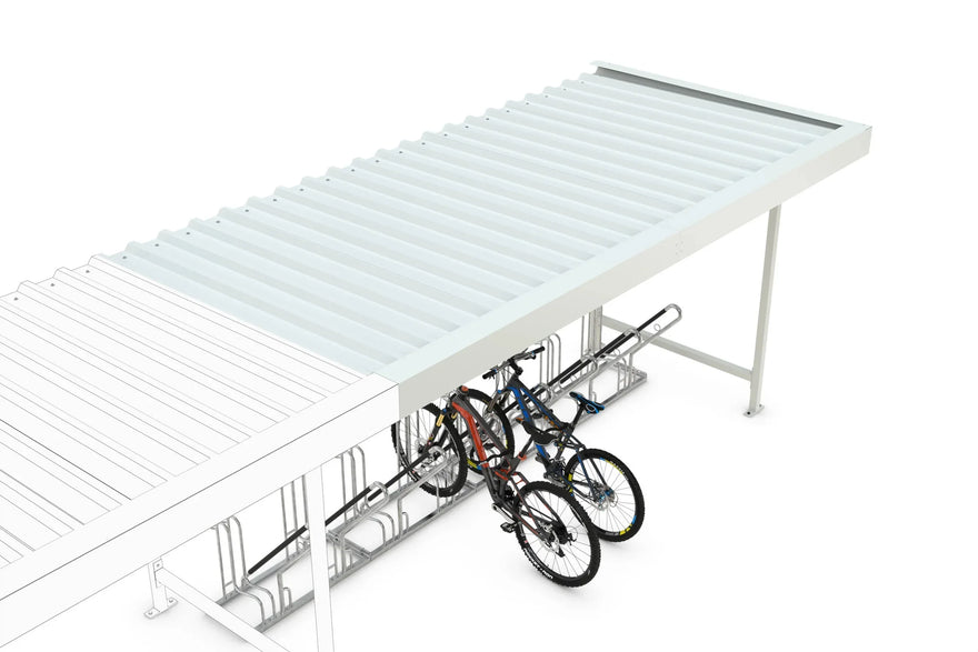 Überdachte Fahrradunterstand Metall, RAL 9002, mit Fahrrädern im Fahrradständer