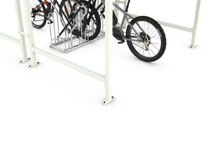 Detailansicht Metall Fahrradunterstand mit Fahrradständer und befestigten Fahrrädern