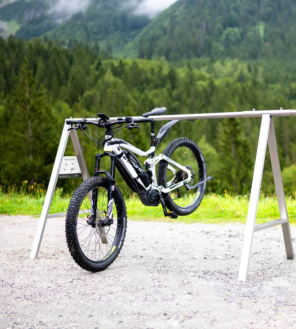 Edelstahl MTB Sattelständer – Fahrradhalter mit Werbefläche