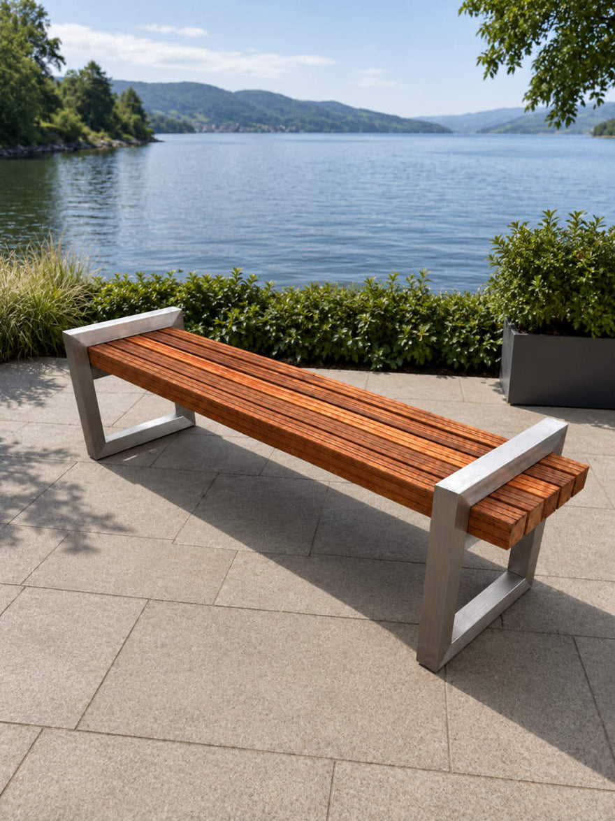 Gartenbank Bavaria ohne Lehne aus Edelstahl und Bangkirai