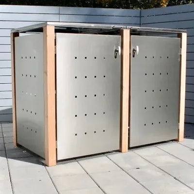 Mülltonnenboxen aus Edelstahl und Holz – Doppelbox auf der Terrasse