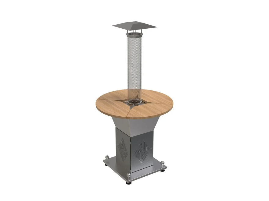 Stehtisch mit Holzplatte und integriertem Pellet-Heizstrahler für Terrasse oder Garten