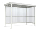 Raucherunterstand Jena Maxi RAL 9002 grauweiß, 2960 × 1580 mm, Flachdach mit Trapezblech, Rück- und Seitenwand aus transparentem Wellpolycarbonat, Anlehnbügel serienmäßig – Stahlbausatz zur Eigenaufstellung