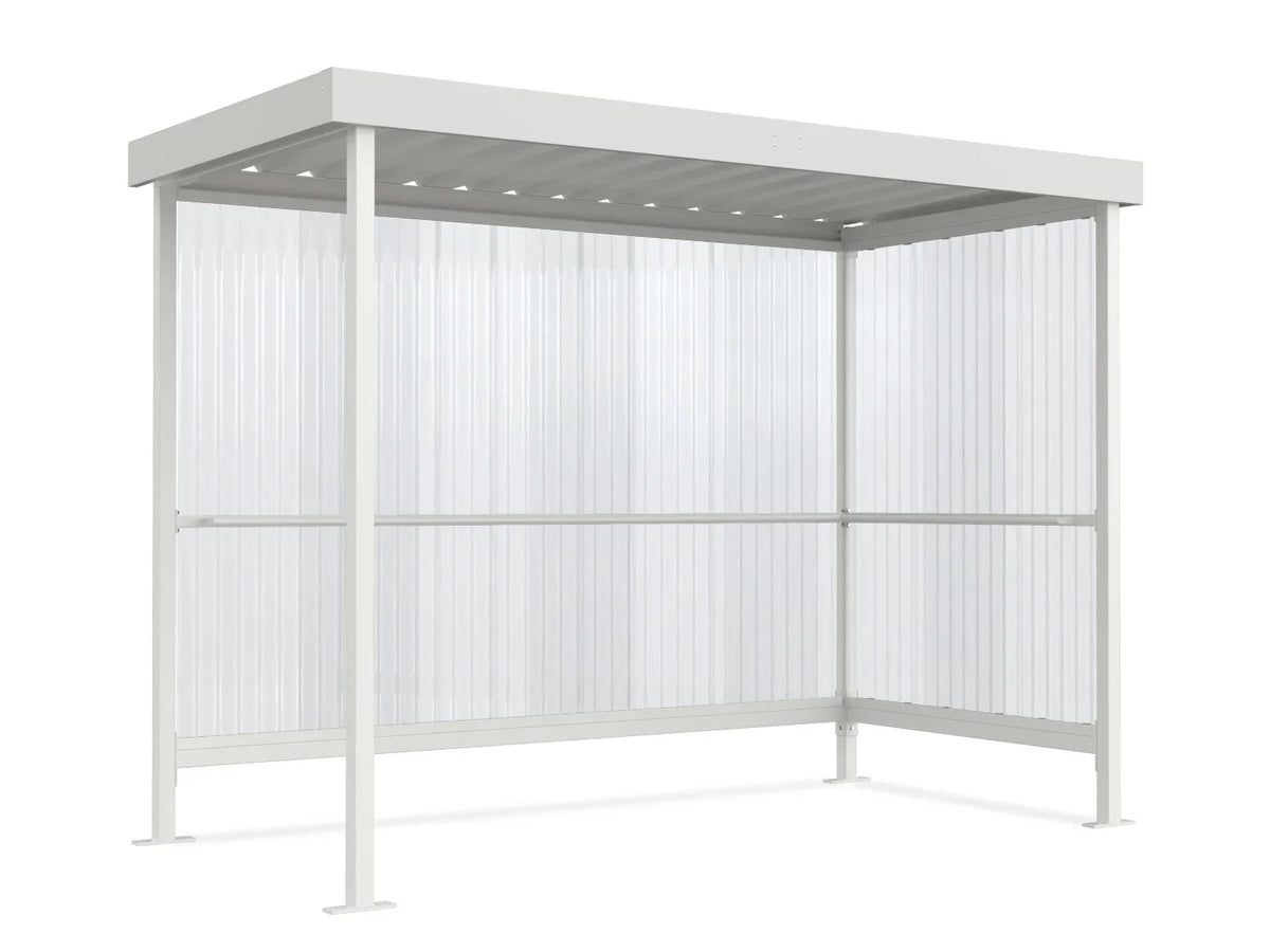 Raucherunterstand Jena Maxi RAL 9002 grauweiß, 2960 × 1580 mm, Flachdach mit Trapezblech, Rück- und Seitenwand aus transparentem Wellpolycarbonat, Anlehnbügel serienmäßig – Stahlbausatz zur Eigenaufstellung