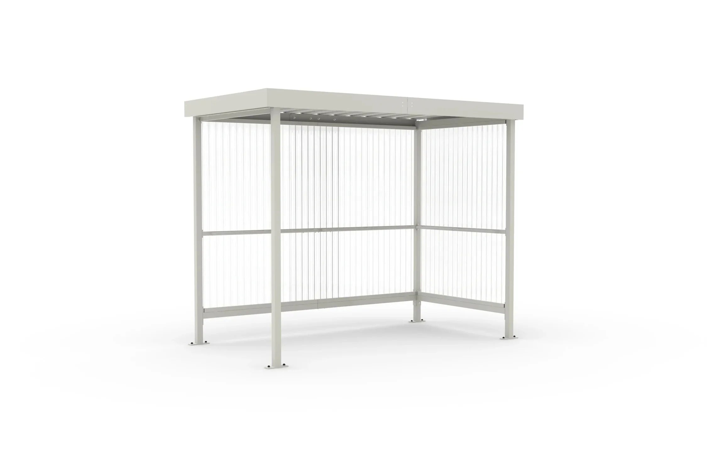 Raucherunterstand Jena Maxi RAL 9002 grauweiß in Schrägansicht, 2960 × 1580 mm, Flachdach mit Trapezblech und Wellpolycarbonat-Wänden – Personenüberdachung als Bausatz