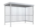 Raucherunterstand Jena Maxi feuerverzinkt, 2960 × 1580 mm, Flachdach mit Trapezblech, Rück- und Seitenwand aus transparentem Wellpolycarbonat, Anlehnbügel serienmäßig – Stahlbausatz zur Eigenaufstellung