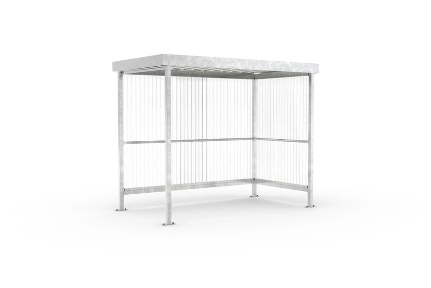 Raucherunterstand Jena Maxi feuerverzinkt in Schrägansicht, 2960 × 1580 mm, Flachdach mit Trapezblech und Wellpolycarbonat-Wänden – Personenüberdachung als Bausatz